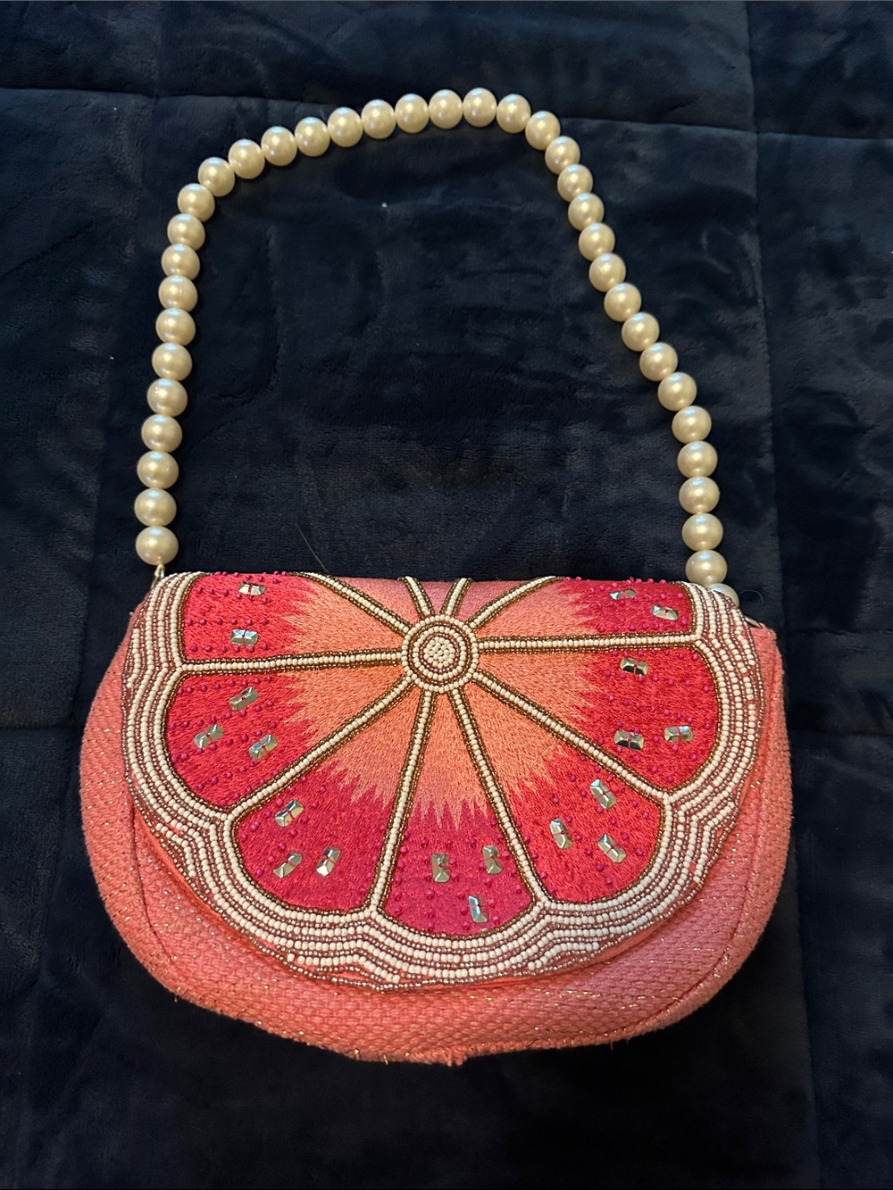 Beaded Coral-Pink Citrus Wristlet with Pearl Handle